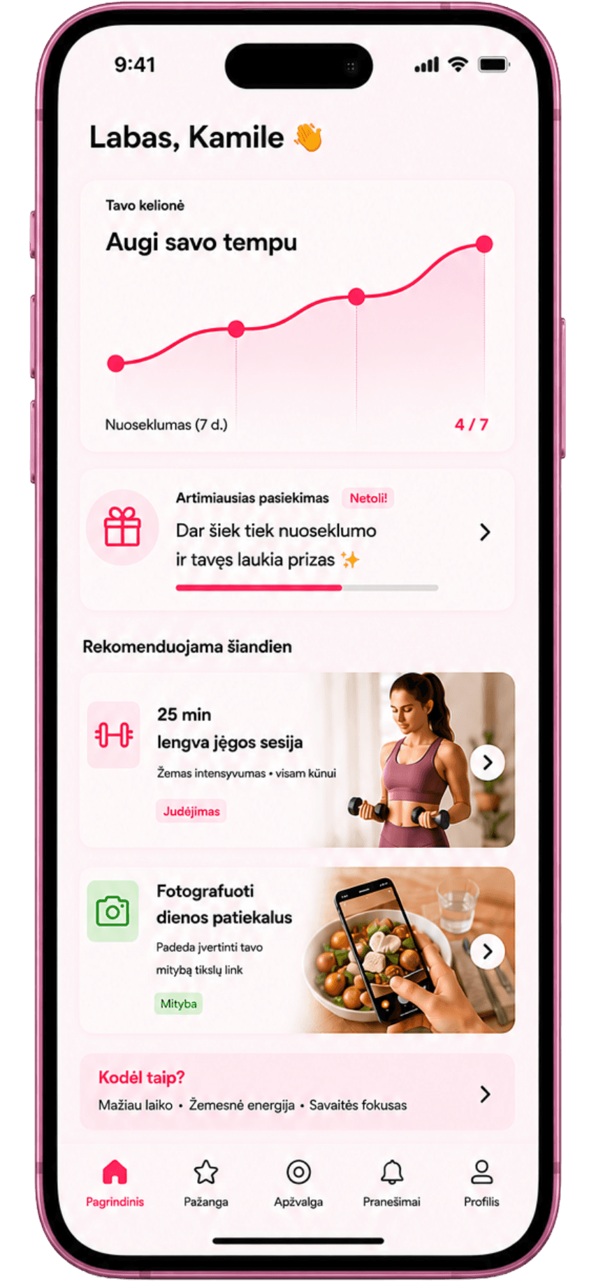 Kjut programėlės pagrindinis ekranas su kelione, progresu ir rekomendacijomis