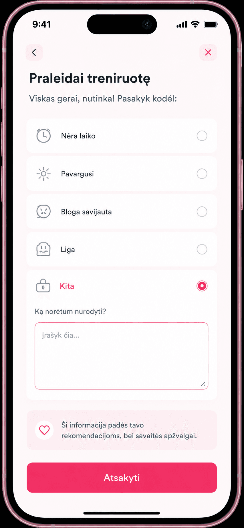 Kjut app - praleistos treniruotės priežastis