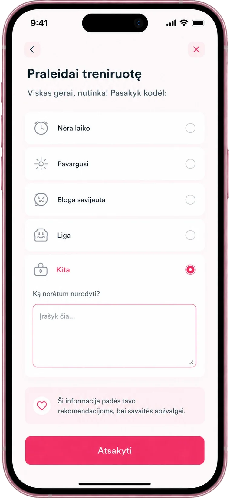 Kjut app - praleistos treniruotės priežastis