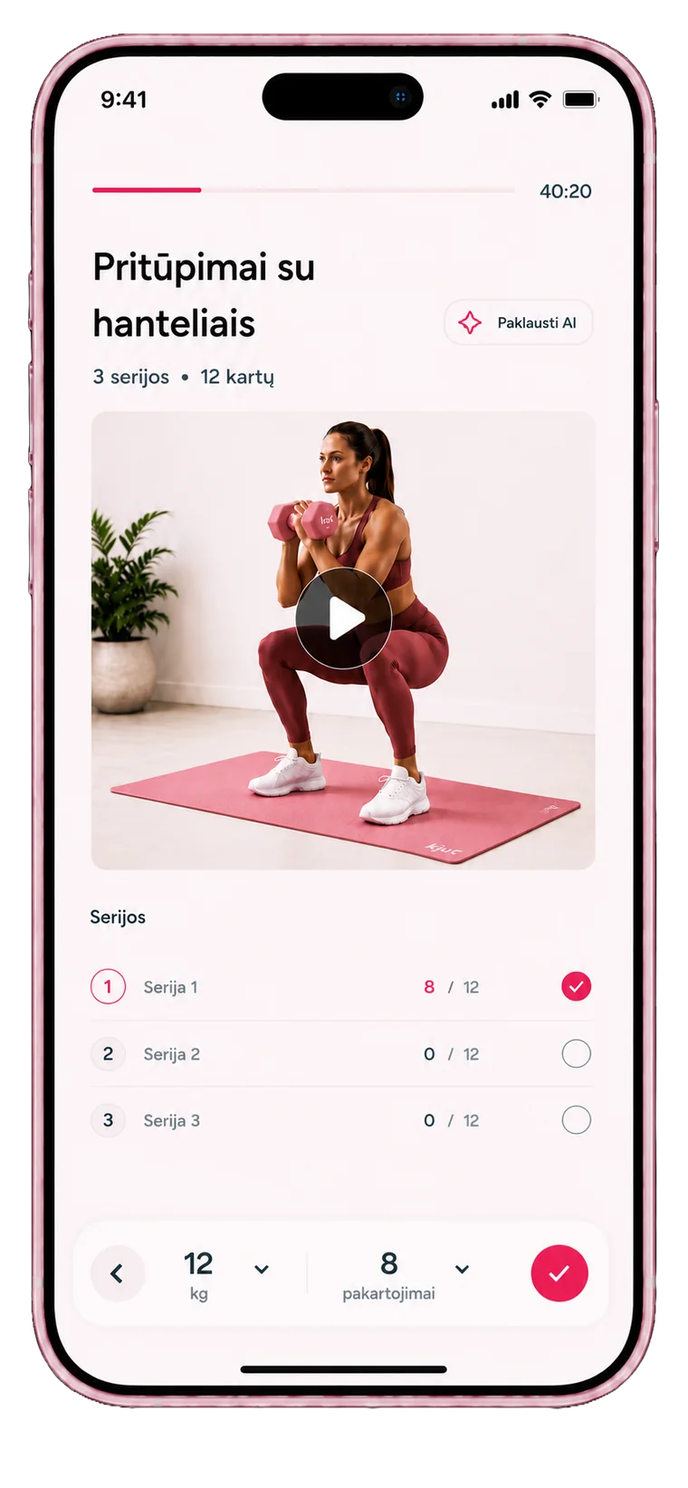 Kjut app - treniruotės ekranas su serijomis ir vaizdo instrukcijomis
